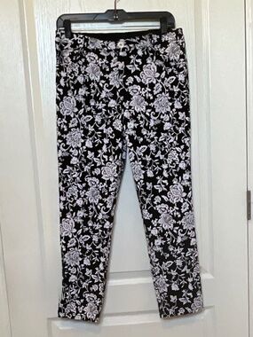 Ruby Rd Crop Ankle Stretch Pants Size 10 Black White Floral